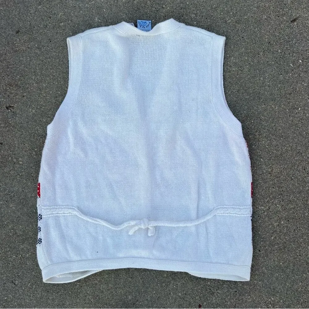 Vintage 90s Russ White Primary Color Floral Knit Herringbone Check Sweater Vest